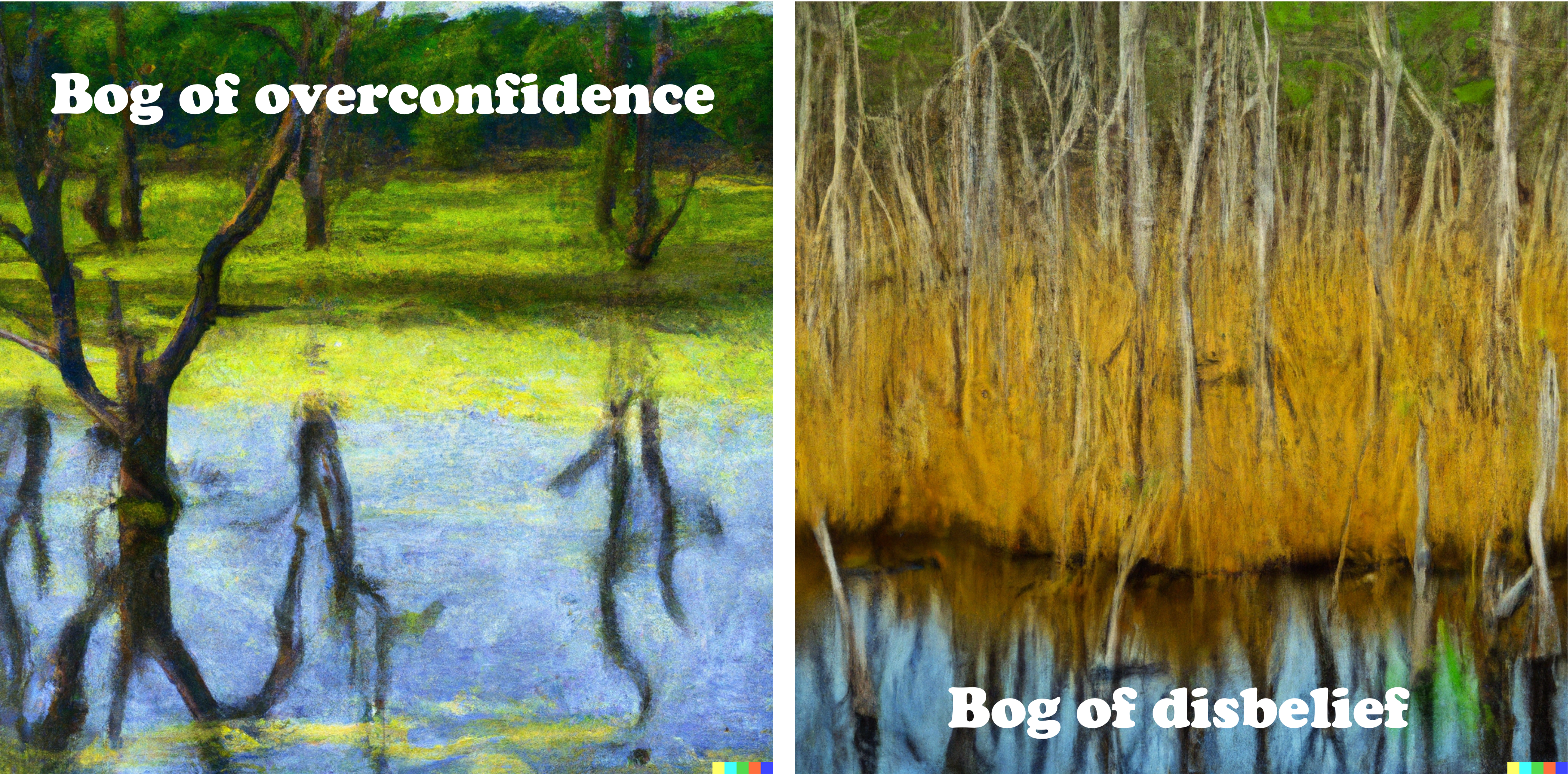 Two AI images generated by DALLE 2 from the prompt "dramatic oil painting of a swamp"